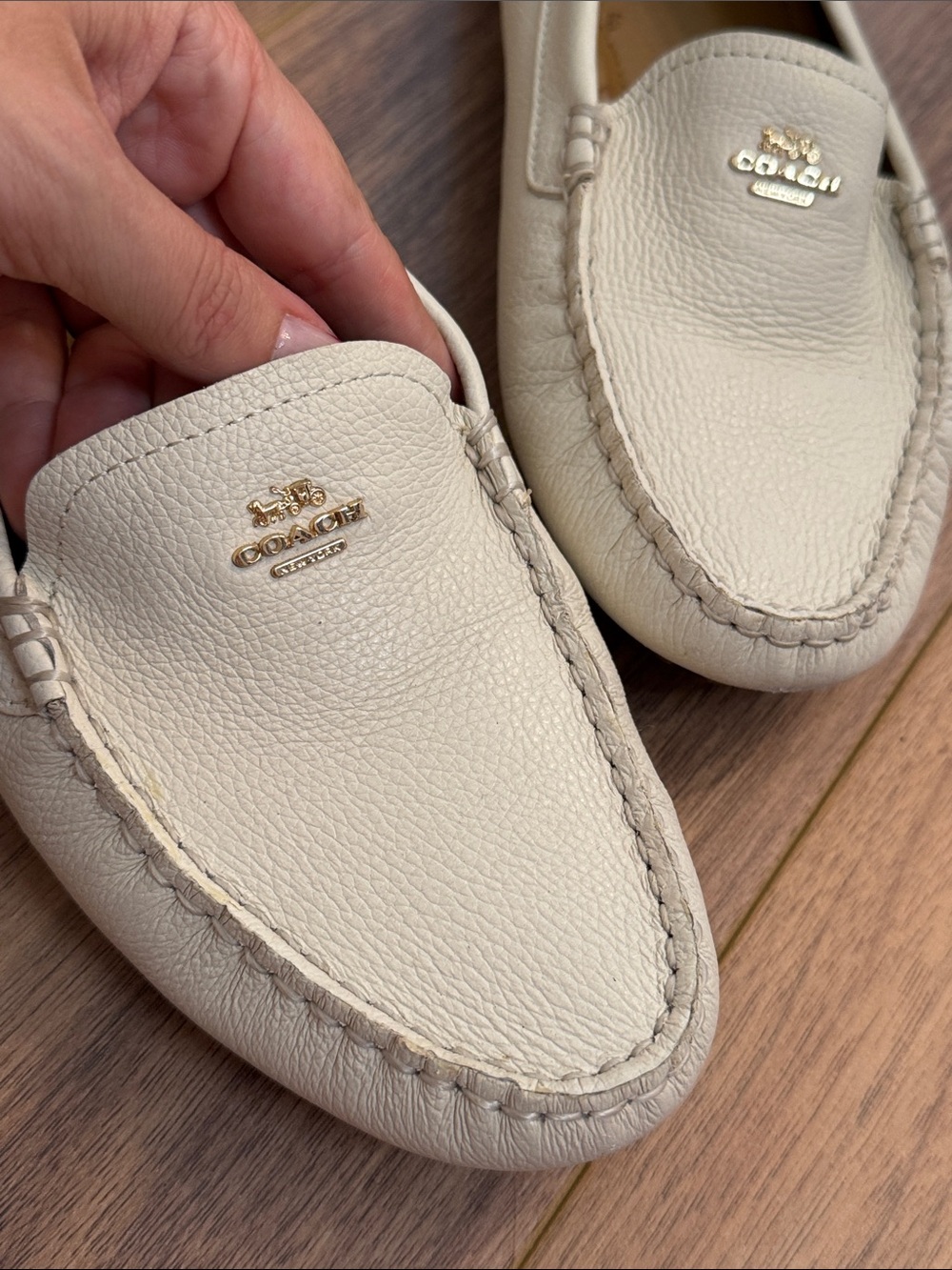 COACH Marley Cream Leather Driver Loafers with Gold Logo